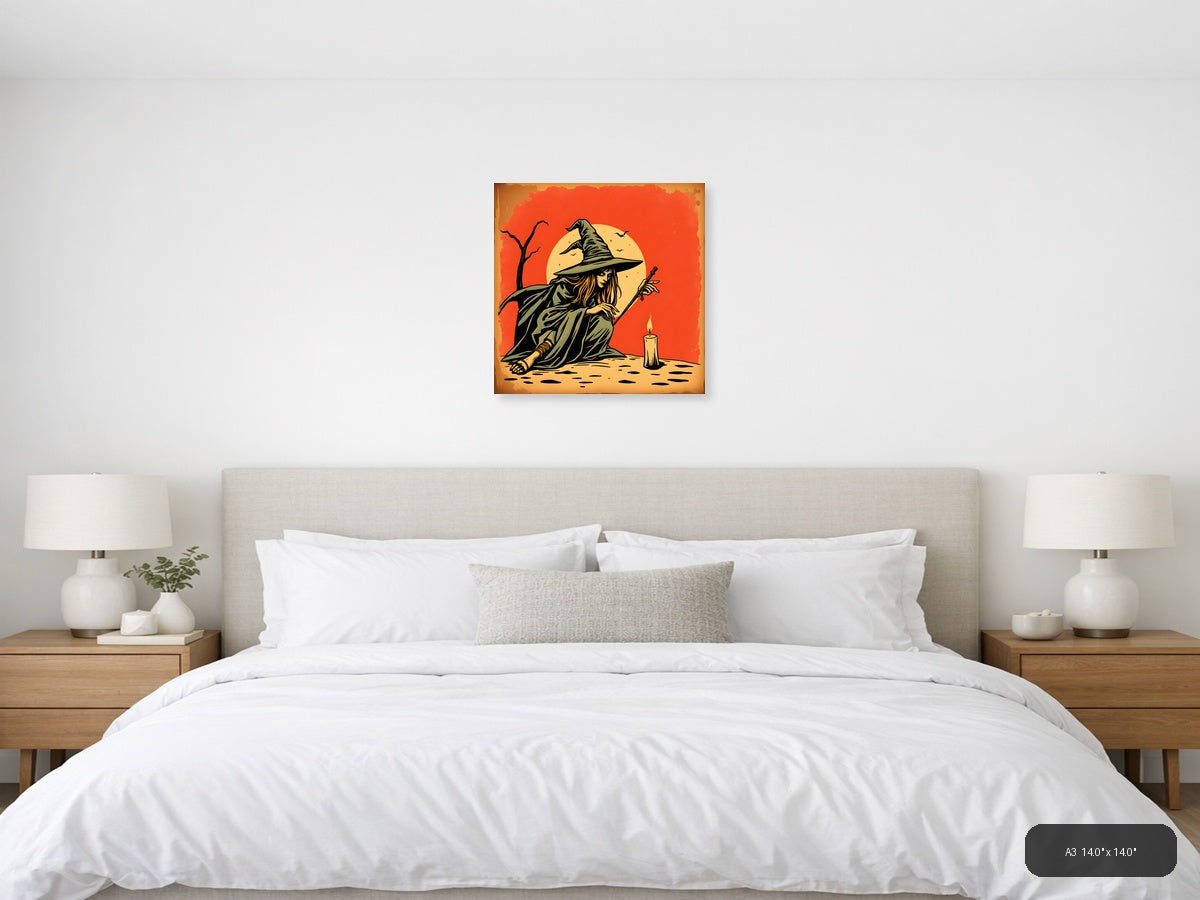 Vintage Witch with Broomstick Moon Wall Art — A3 / Bedroom