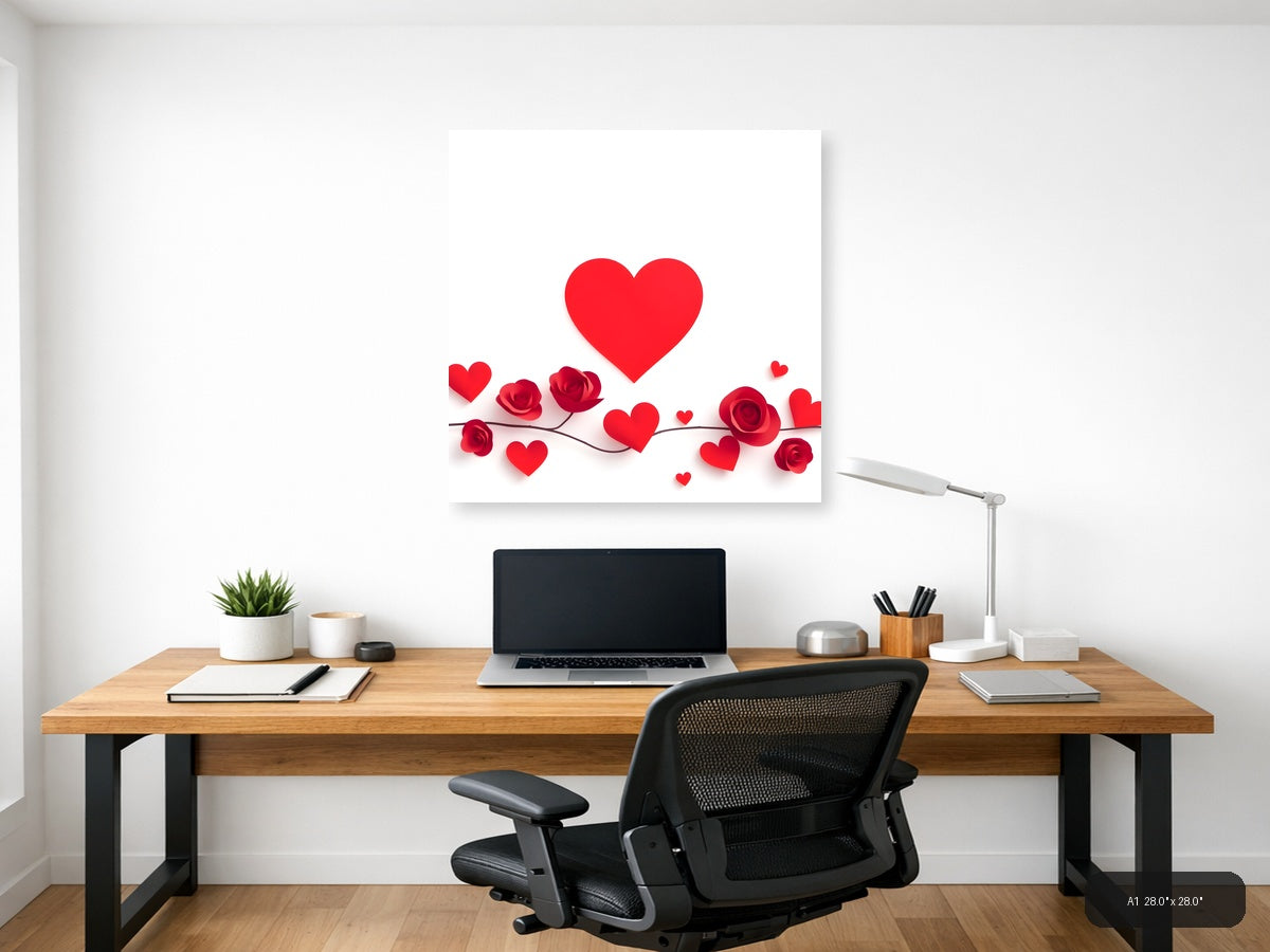Minimalist Red Hearts and Roses Floral Wall Art — A1 / Office