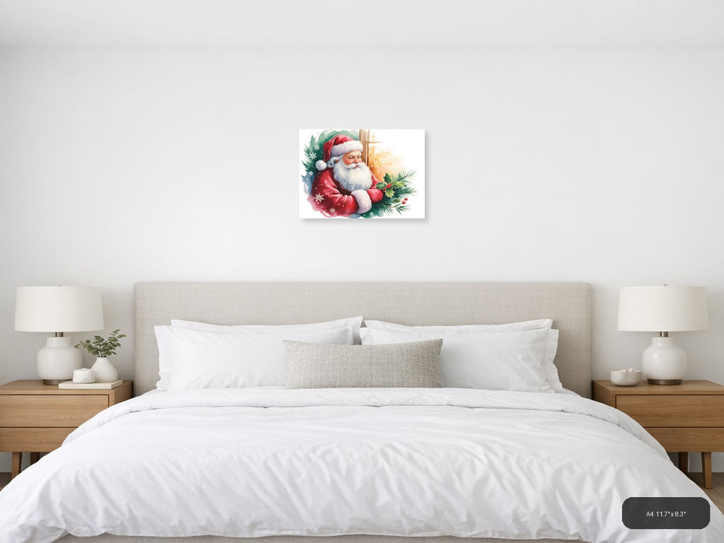 Santa Claus with Holly & Snowflakes Watercolor Wall Art — A4 / Bedroom