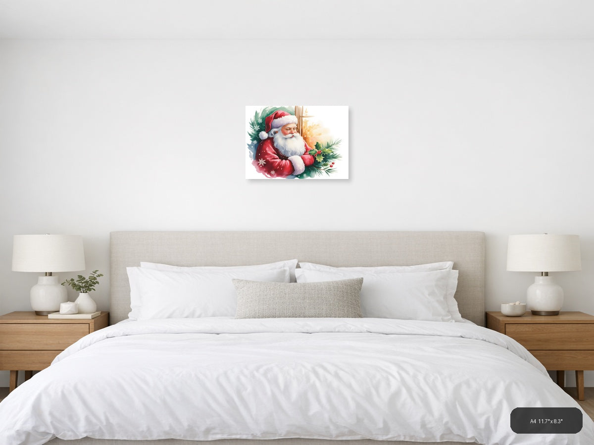 Santa Claus with Holly & Snowflakes Watercolor Wall Art — A4 / Bedroom