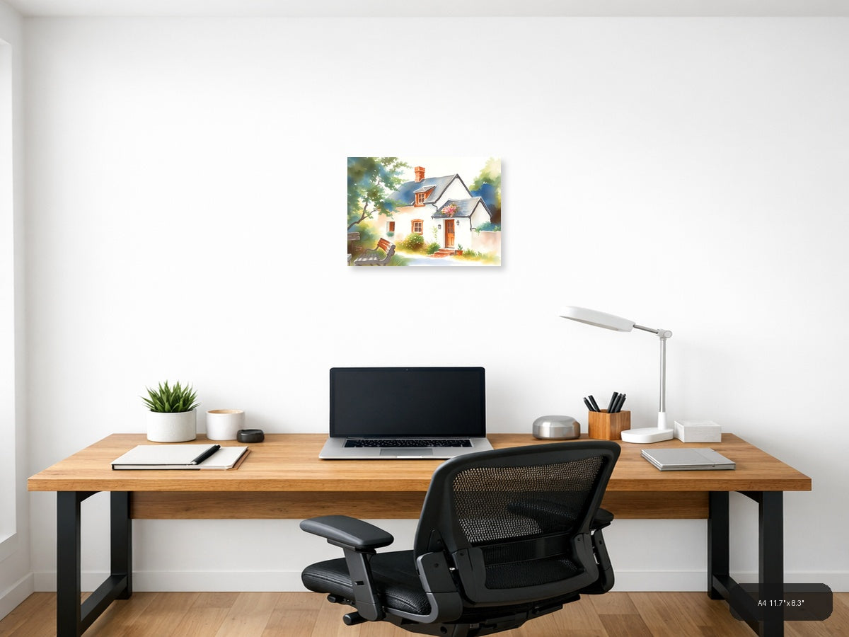 Charming Cottage Watercolor Landscape Wall Art — A4 / Office