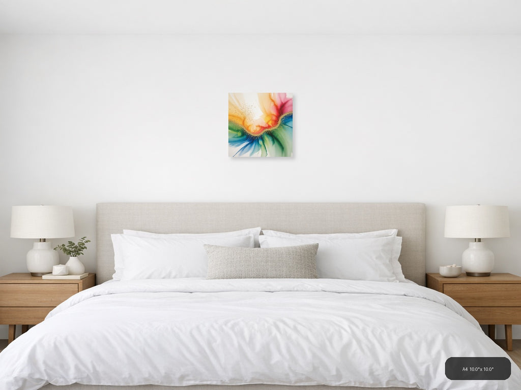 Rainbow Watercolor Flower with Gold Sparkle Wall Art — A4 / Bedroom