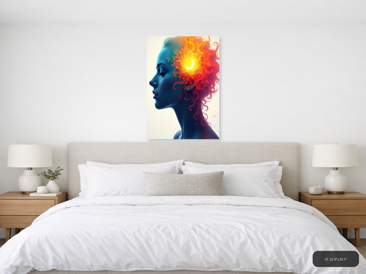 Blue Profile with Fiery Cosmic Energy Abstract Wall Art — A1 / Bedroom