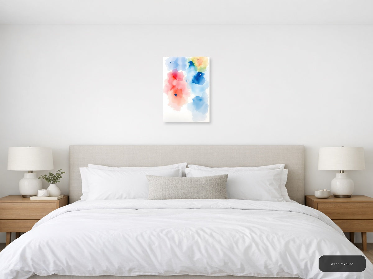 Abstract Watercolor Map with Stars Wall Art — A3 / Bedroom