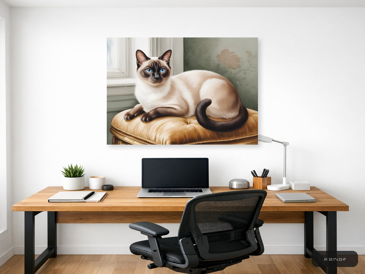 Siamese Cat on Gold Cushion Watercolor Wall Art — A1 / Office