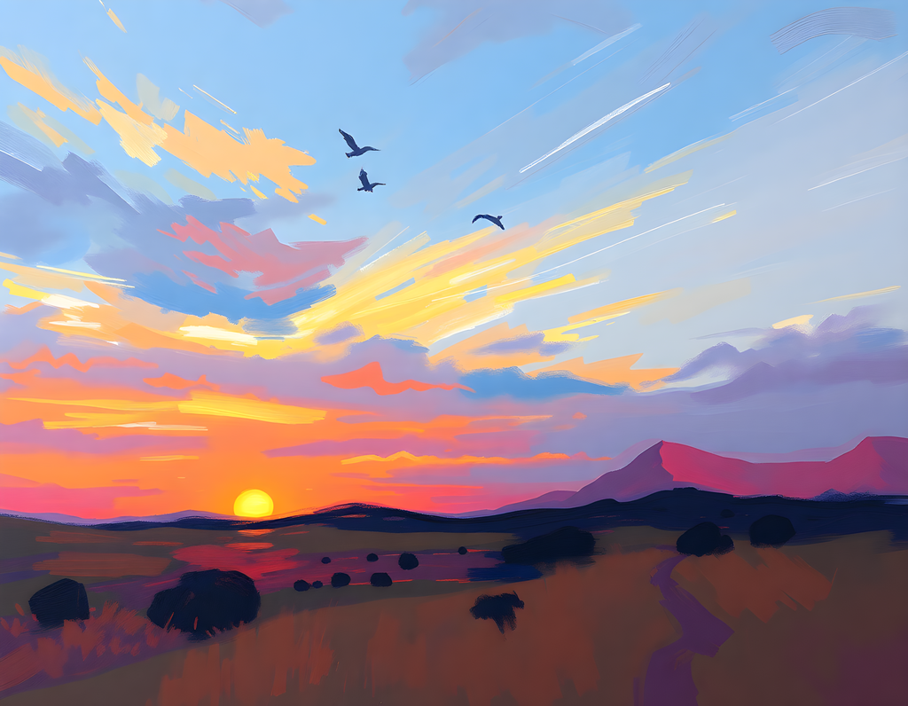 Abstract Sunset Desert Landscape with Flying Birds Wall Art