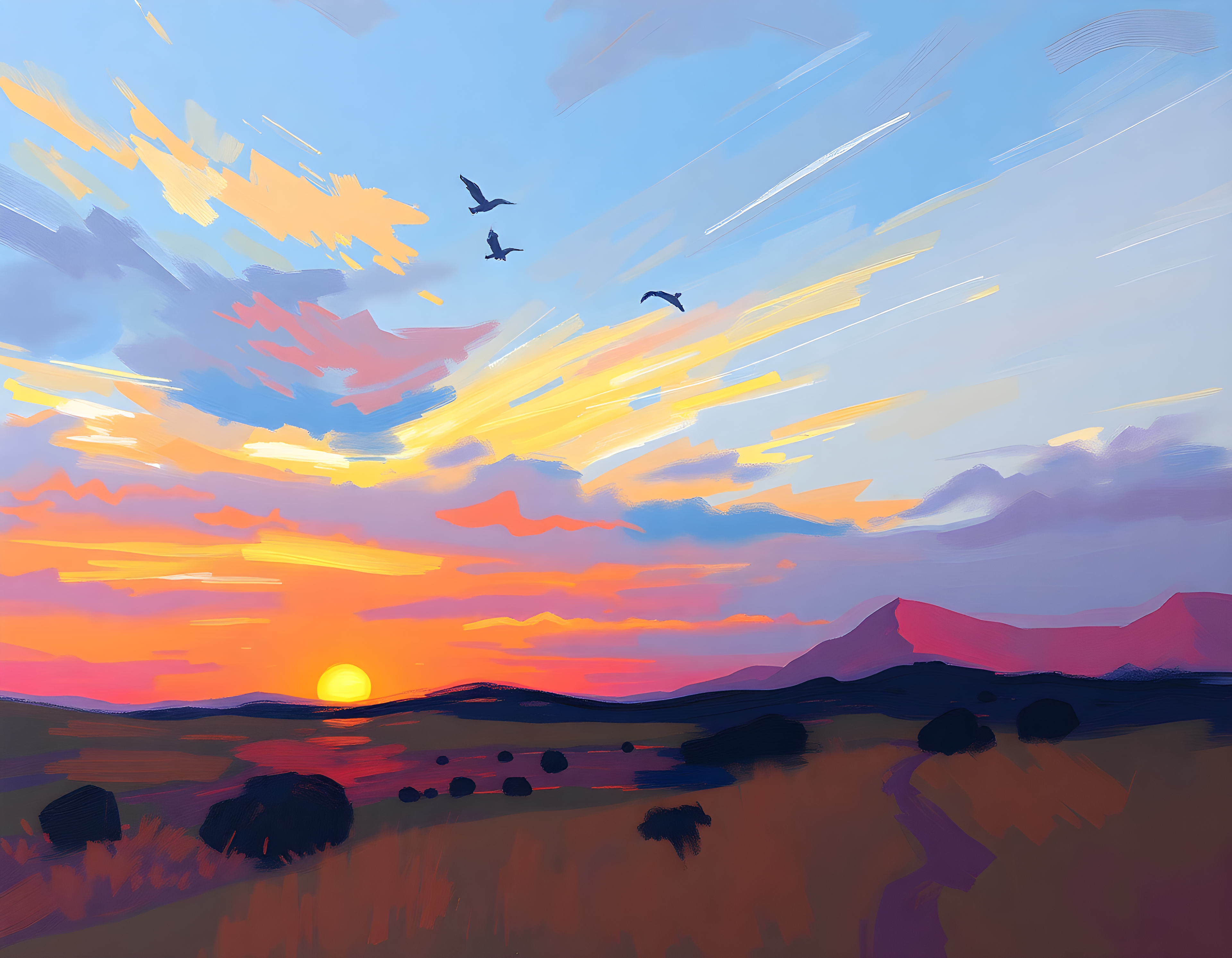 Abstract Sunset Desert Landscape with Flying Birds Wall Art