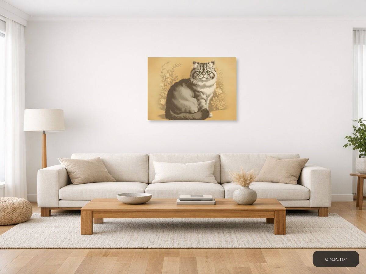 Vintage Fluffy Cat Portrait with Green Eyes Wall Art — A3 / Living Room