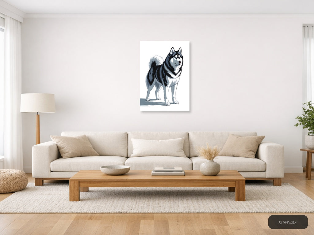 Husky Portrait Black White Minimalist Wall Art — A2 / Living Room
