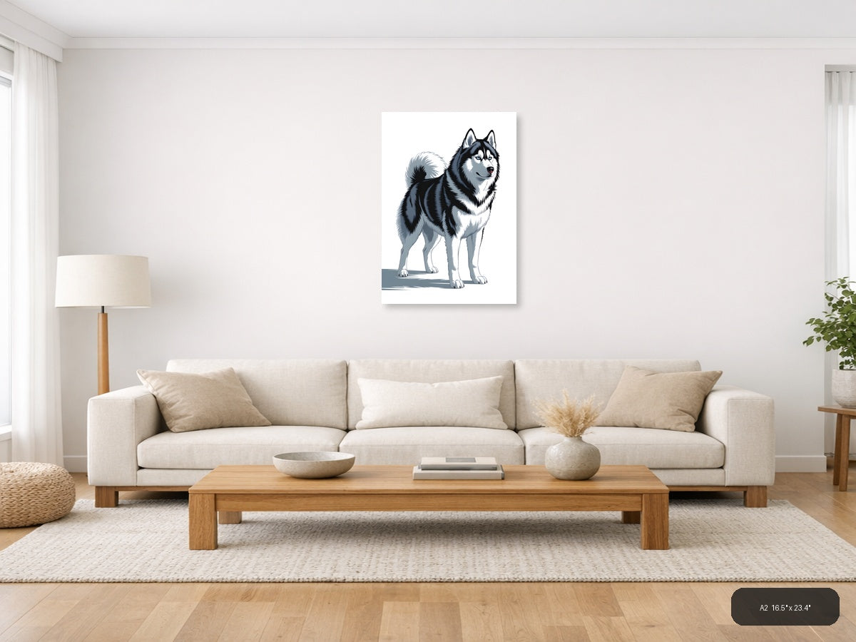 Husky Portrait Black White Minimalist Wall Art — A2 / Living Room