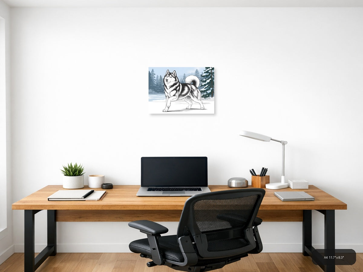 Husky Dog Line Art Winter Forest Landscape Wall Art — A4 / Office