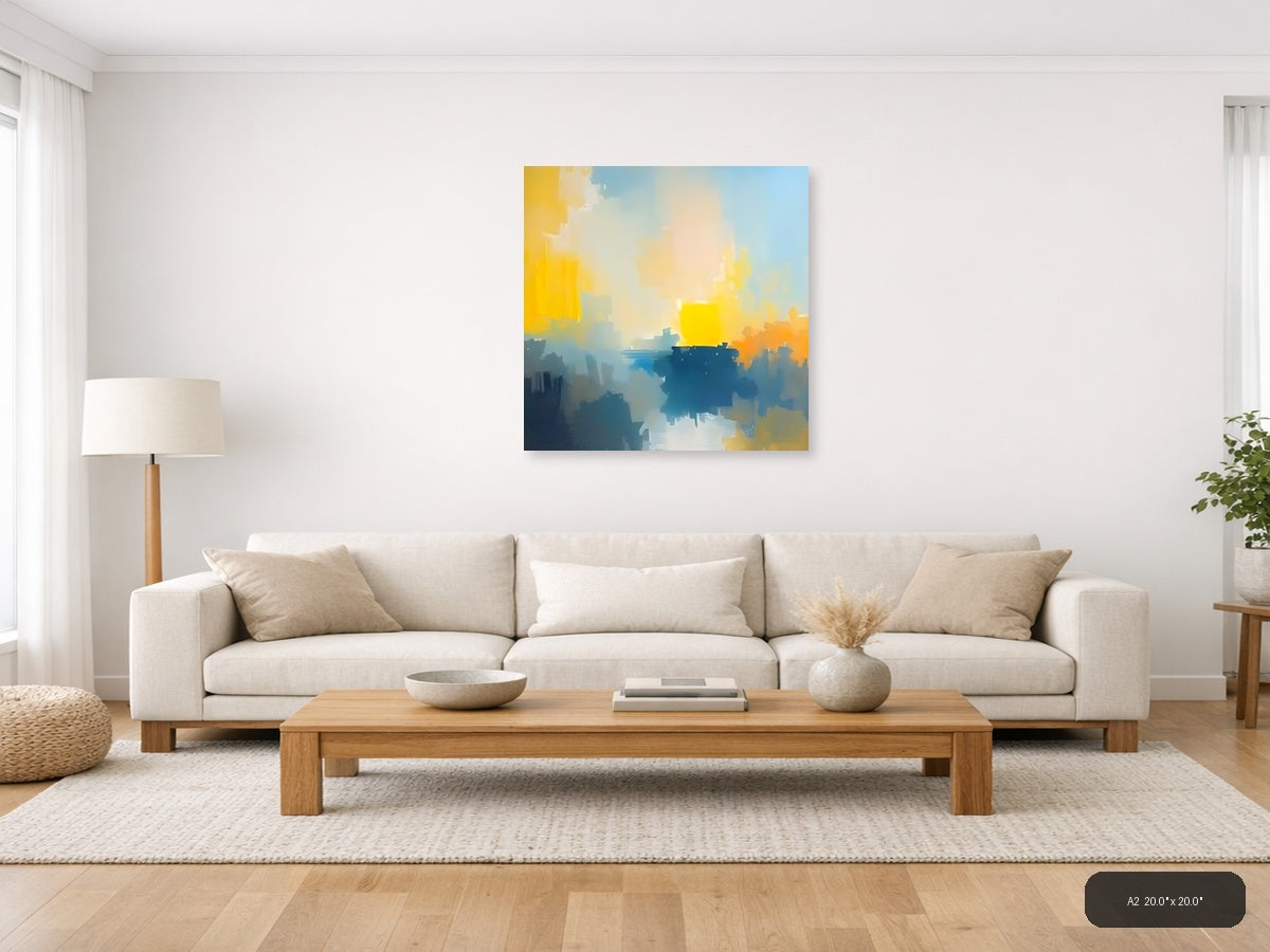 Abstract Waterfront Sunrise with Yellow Sky Wall Art — A2 / Living Room