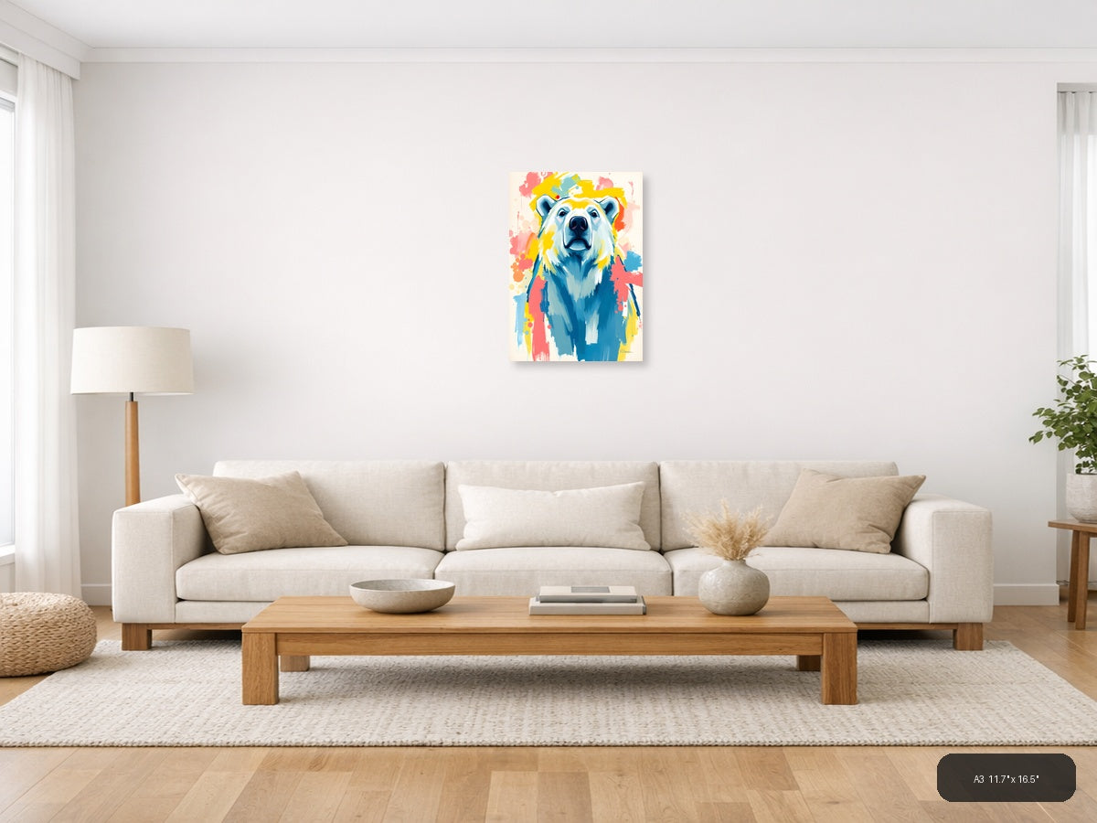Abstract Polar Bear Portrait Colorful Splatter Wall Art — A3 / Living Room