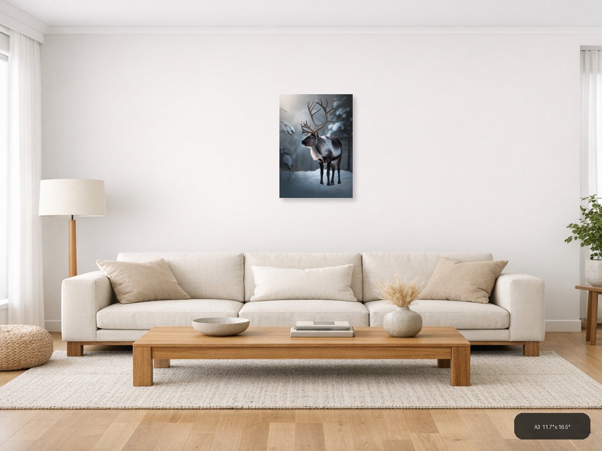 Majestic Reindeer in Snowy Winter Forest Photography Wall Art — A3 / Living Room