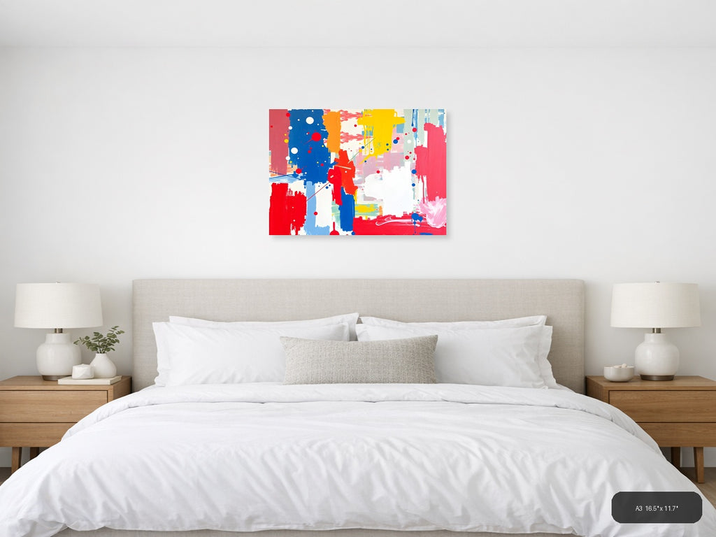 Vibrant Abstract Composition with Red, Blue & Yellow Wall Art — A3 / Bedroom