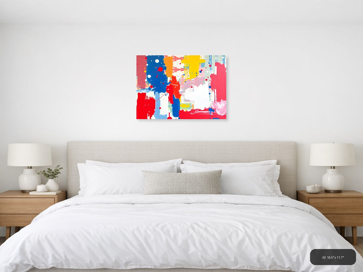 Vibrant Abstract Composition with Red, Blue & Yellow Wall Art — A3 / Bedroom