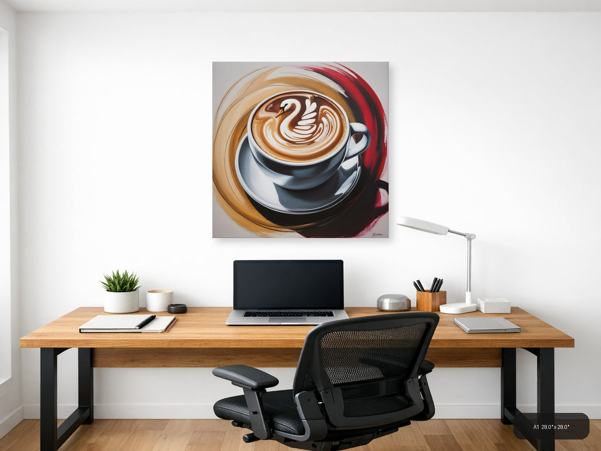 Abstract Coffee Cup Latte Art Swan Design Wall Art — A1 / Office