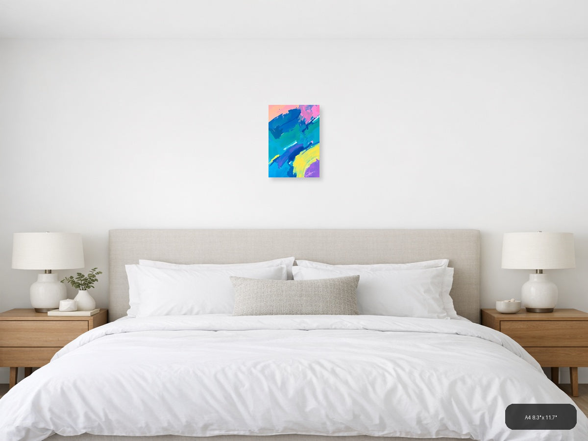 Vibrant Abstract Brushstrokes Neon Blue Pink Yellow Wall Art — A4 / Bedroom