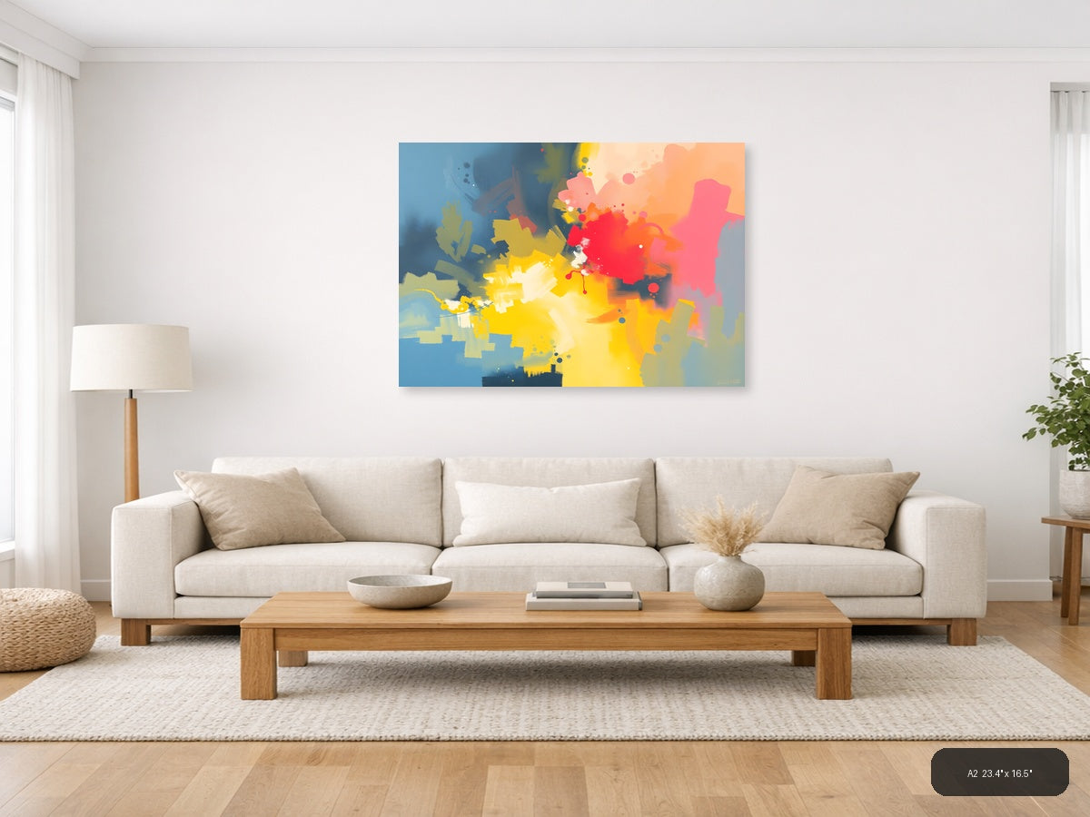 Vibrant Abstract Splatter Yellow Red Pink Blue Wall Art — A2 / Living Room
