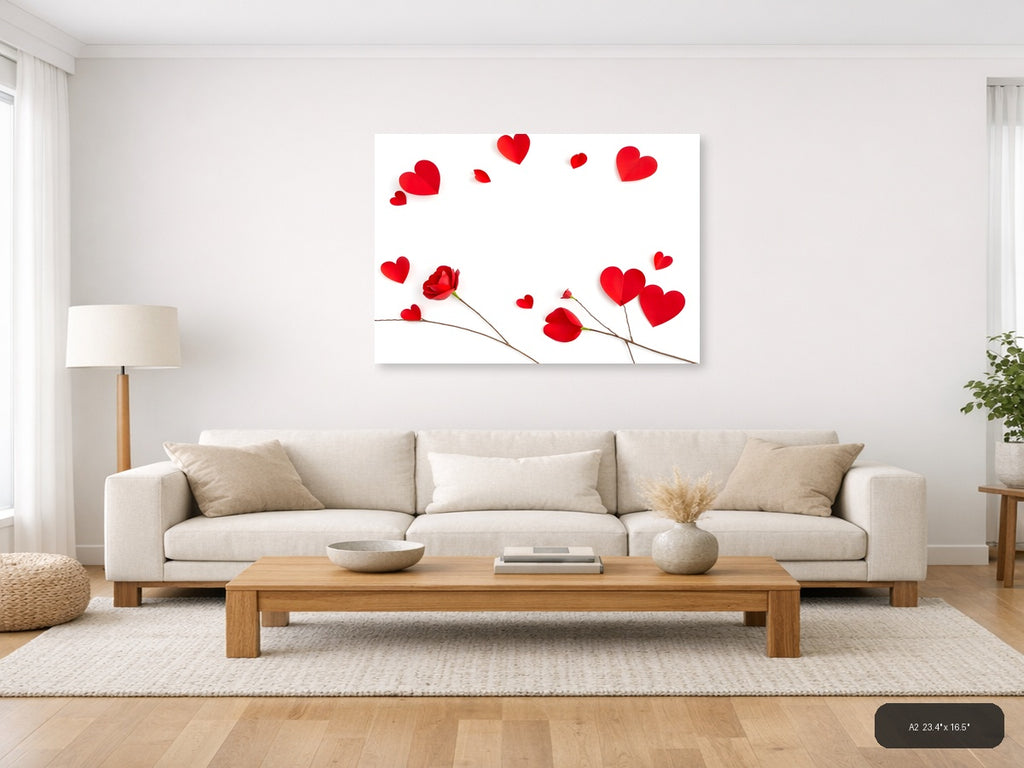 Red Hearts and Roses Minimalist Landscape Wall Art — A2 / Living Room
