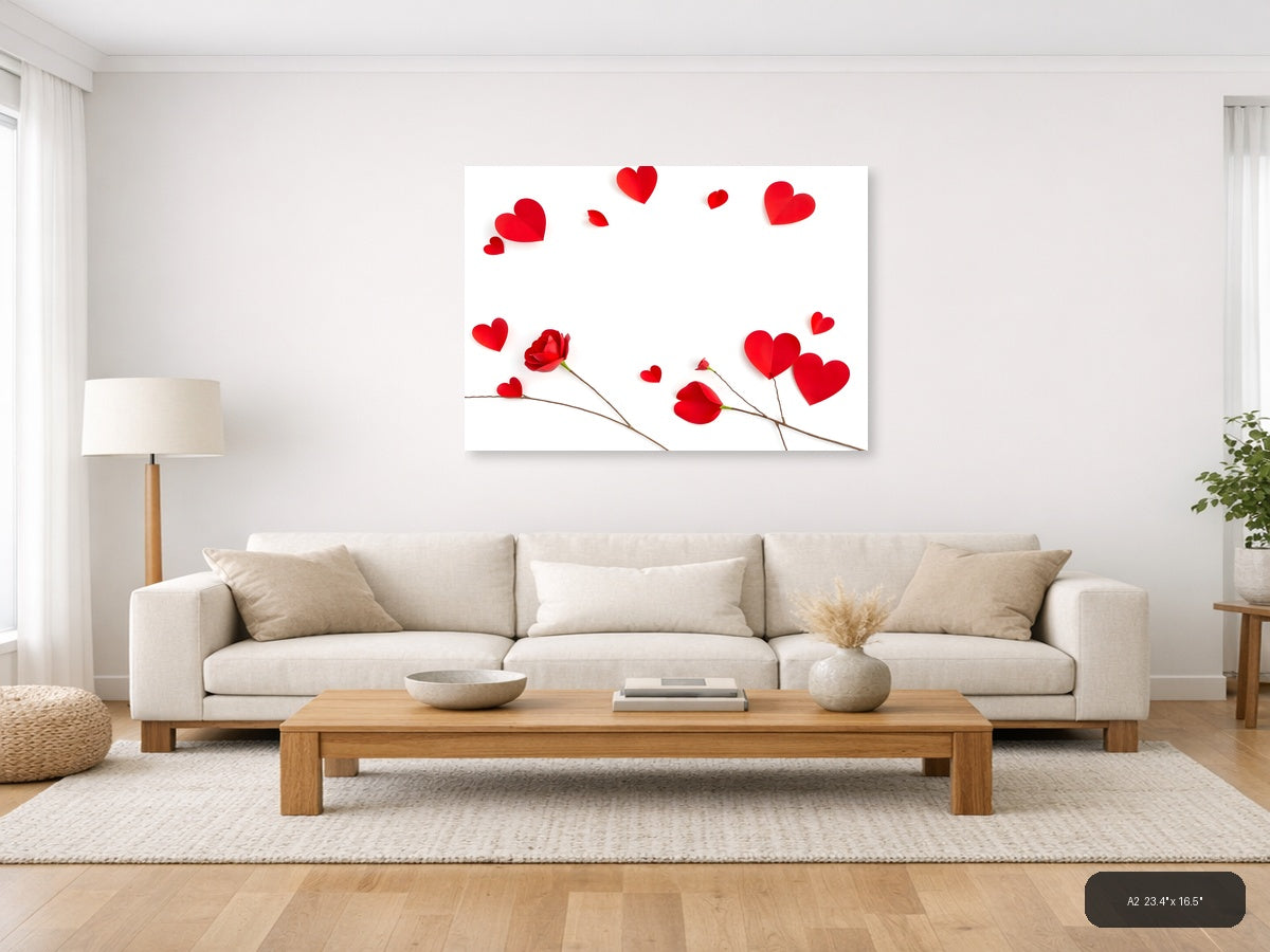 Red Hearts and Roses Minimalist Landscape Wall Art — A2 / Living Room