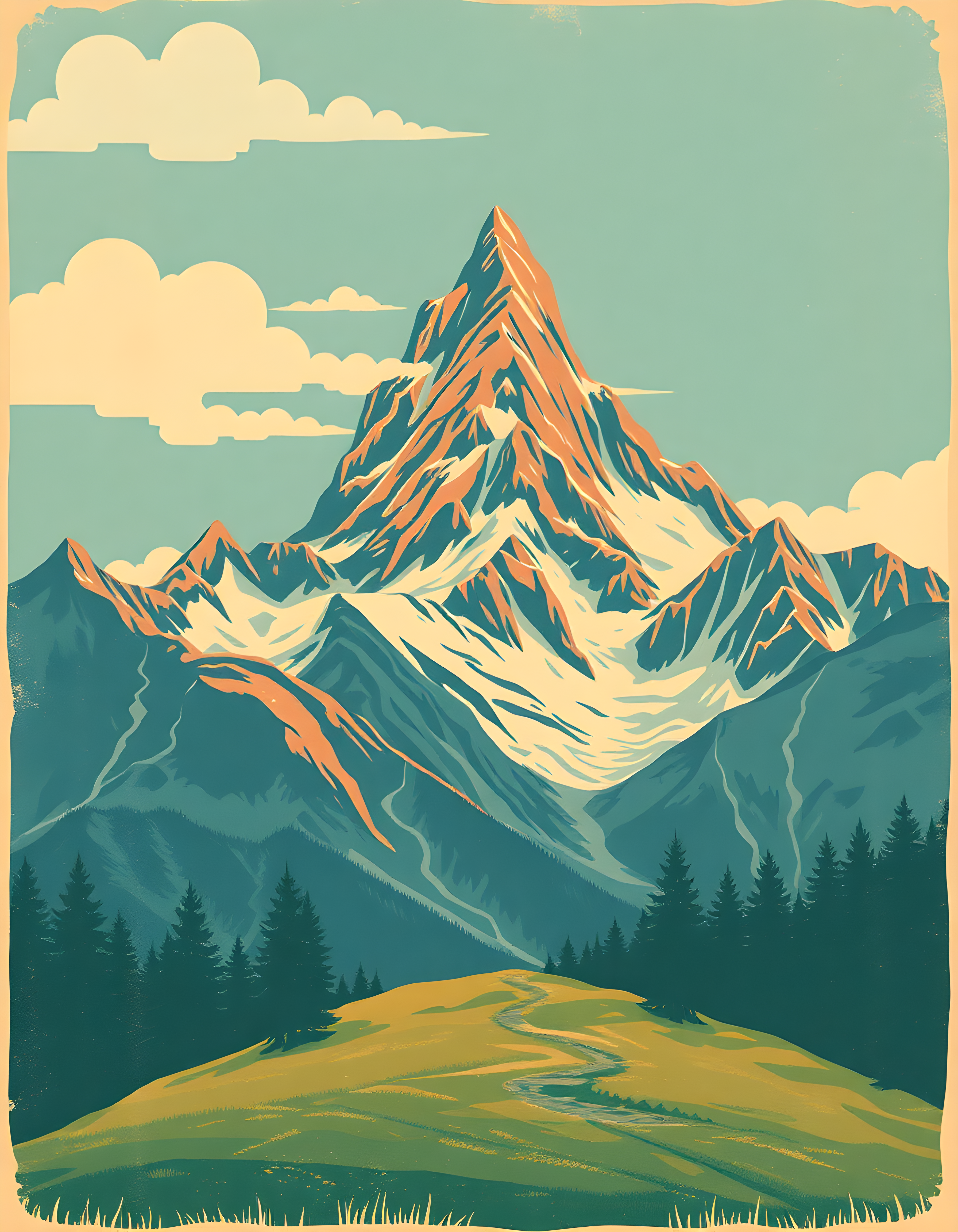 Vintage Mountain Peak Landscape Poster Wall Art