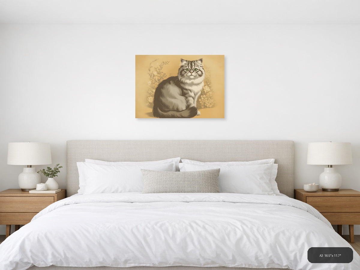 Vintage Fluffy Cat Portrait with Green Eyes Wall Art — A3 / Bedroom