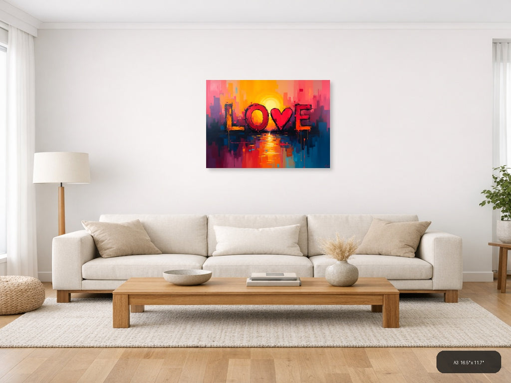 LOVE Abstract Sunset Cityscape Canvas Wall Art — A3 / Living Room