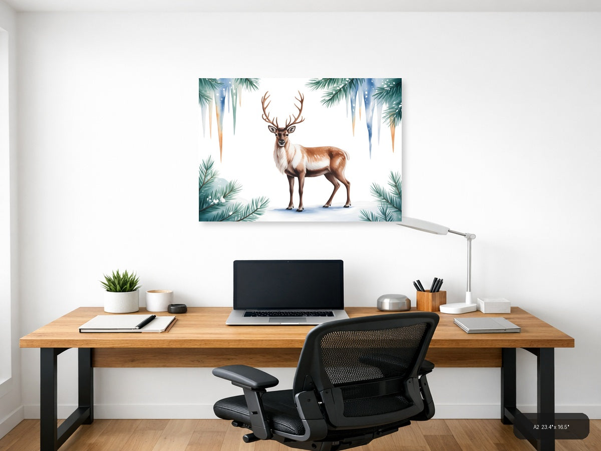 Winter Reindeer with Pine Branches Watercolor Wall Art — A2 / Office