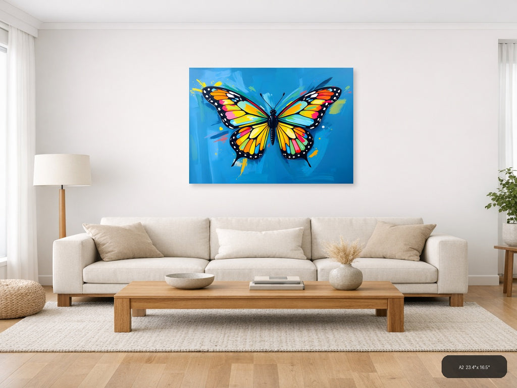 Vibrant Rainbow Butterfly Abstract Blue Wall Art — A2 / Living Room