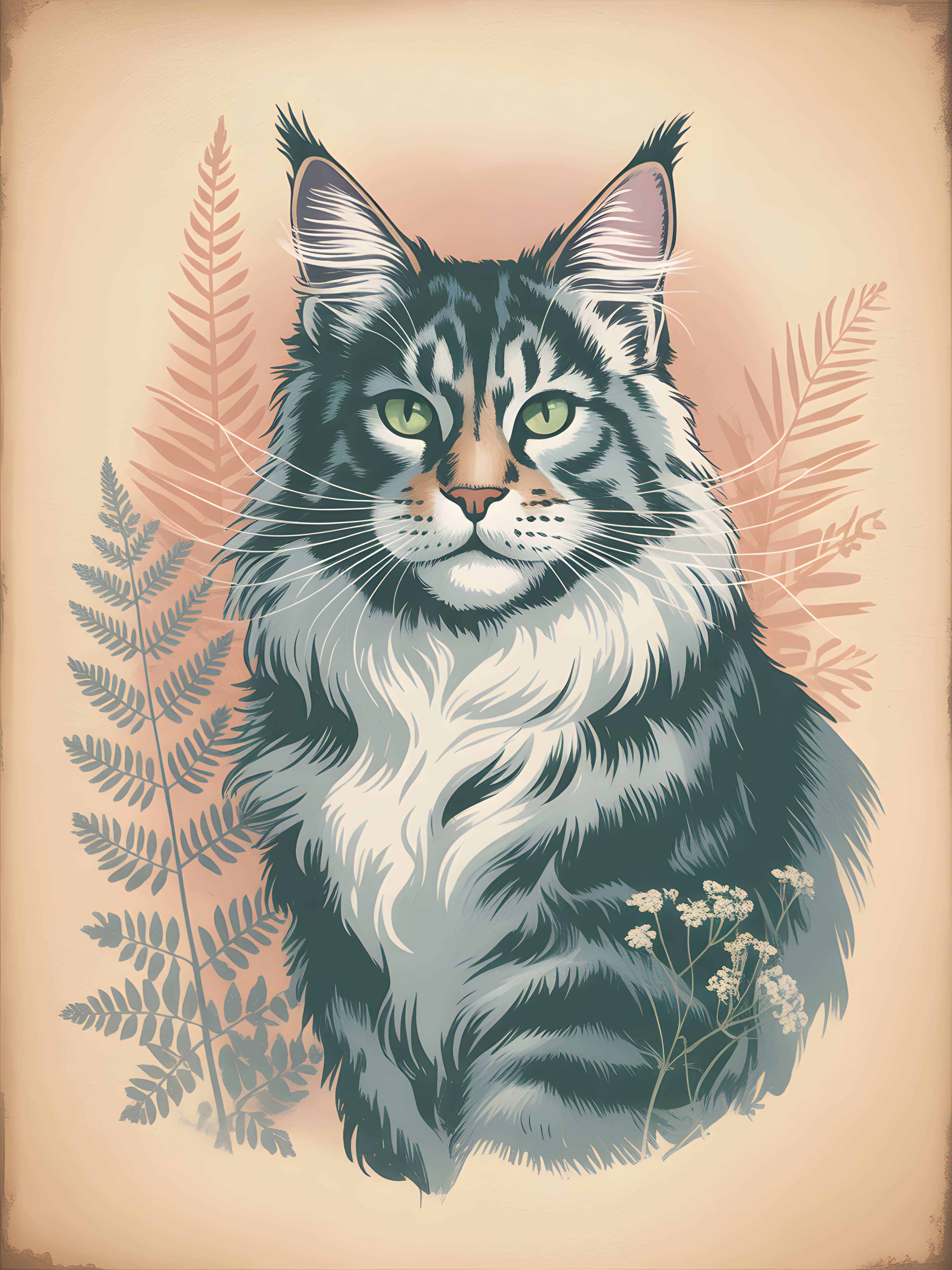 Vintage Maine Coon Cat with Ferns Portrait Wall Art