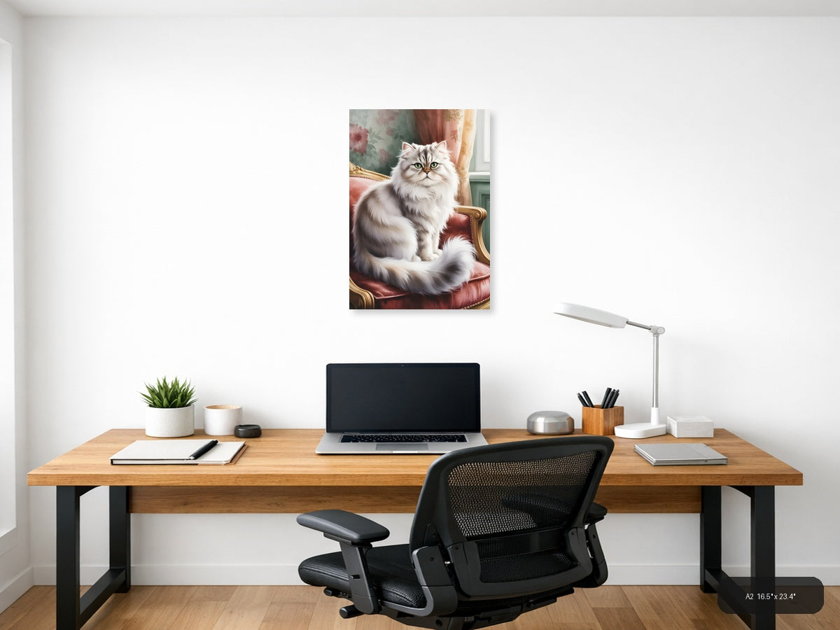 Fluffy White Cat Portrait Watercolor Wall Art — A2 / Office