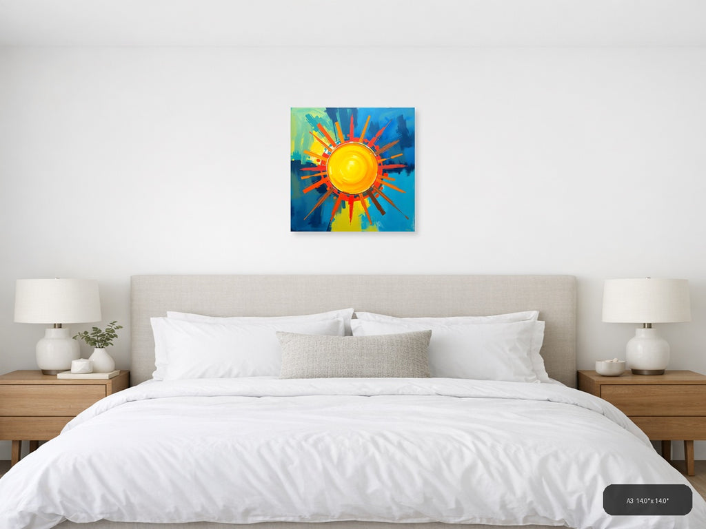 Abstract Sun Burst Modern Art | Vibrant Yellow Blue Wall Art — A3 / Bedroom