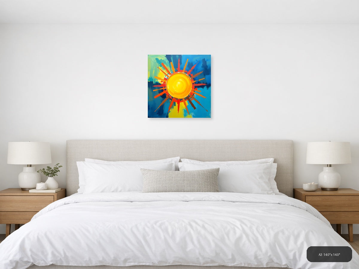 Abstract Sun Burst Modern Art | Vibrant Yellow Blue Wall Art — A3 / Bedroom