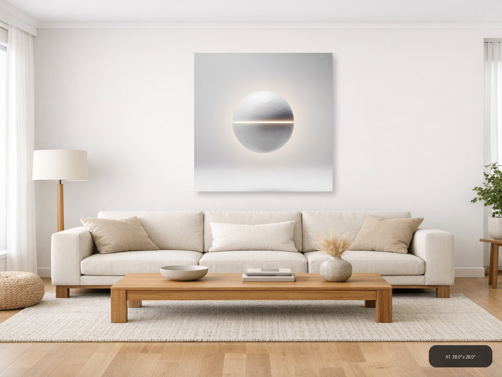 Minimalist White Sphere with Light Line Wall Art — A1 / Living Room