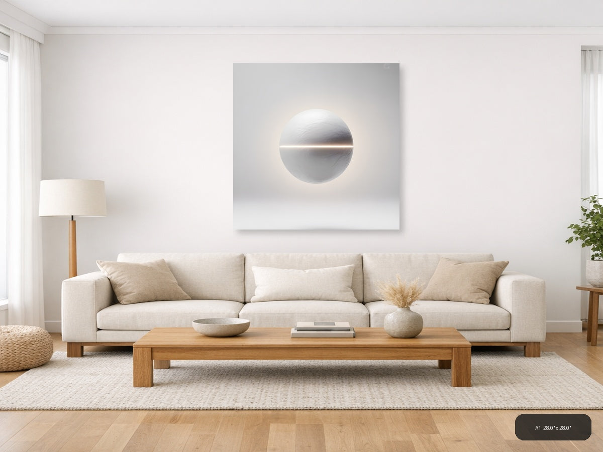 Minimalist White Sphere with Light Line Wall Art — A1 / Living Room