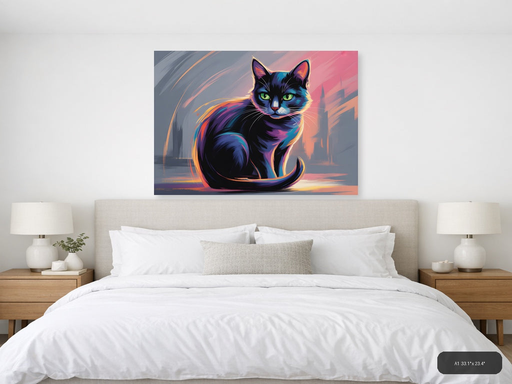 Neon Cat Abstract Glow Modern Wall Art — A1 / Bedroom