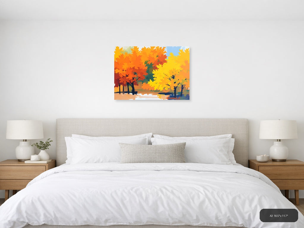 Abstract Autumn Trees by Water Landscape Wall Art — A3 / Bedroom