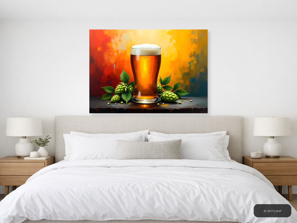 Beer Glass Hops Abstract Orange Yellow Wall Art — A1 / Bedroom