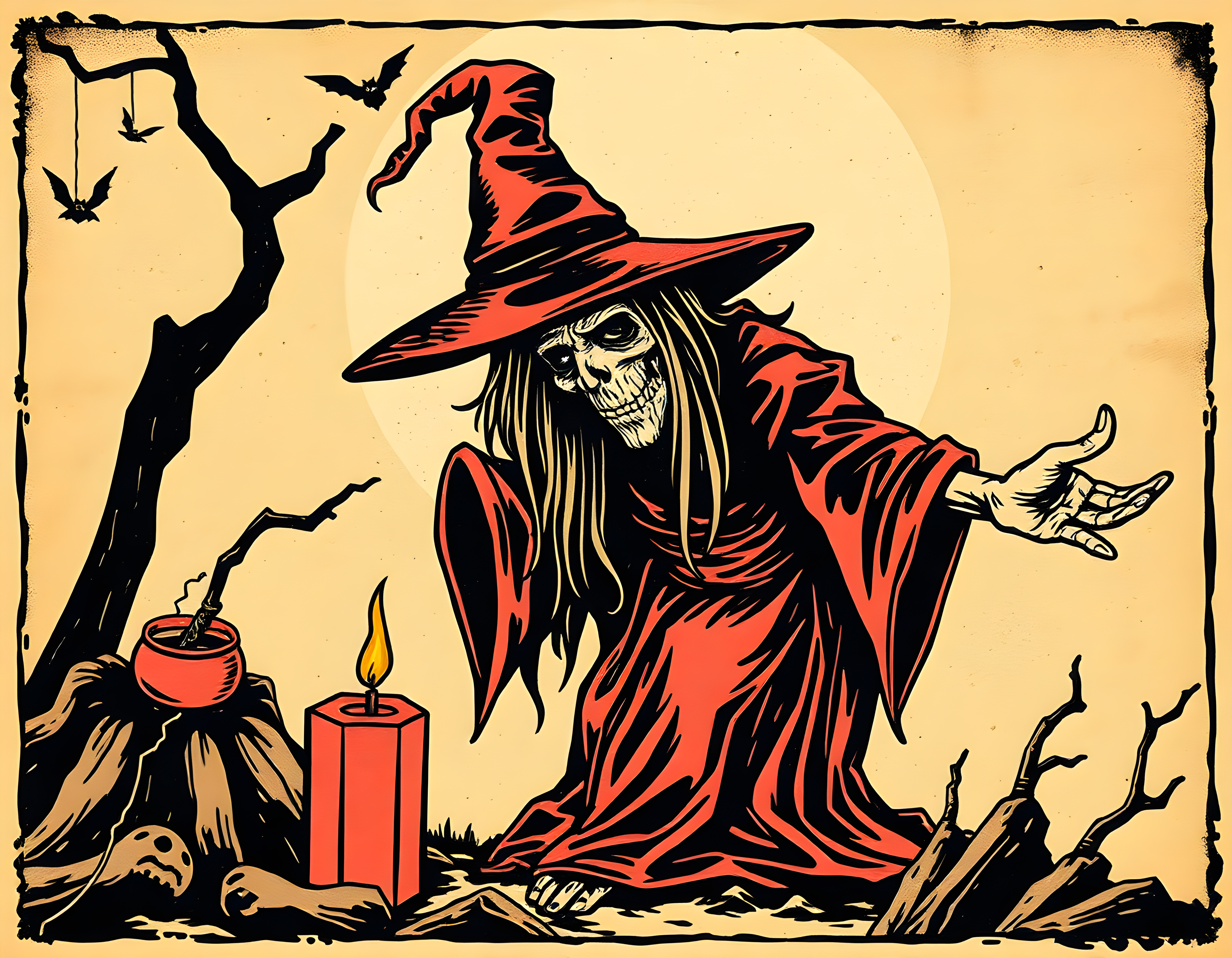 Vintage Witch in Red Robe Halloween Wall Art