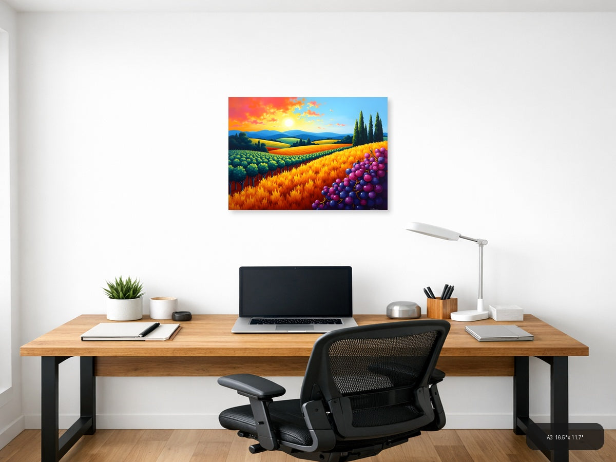 Tuscany Vineyard Sunset Abstract Landscape Wall Art — A3 / Office