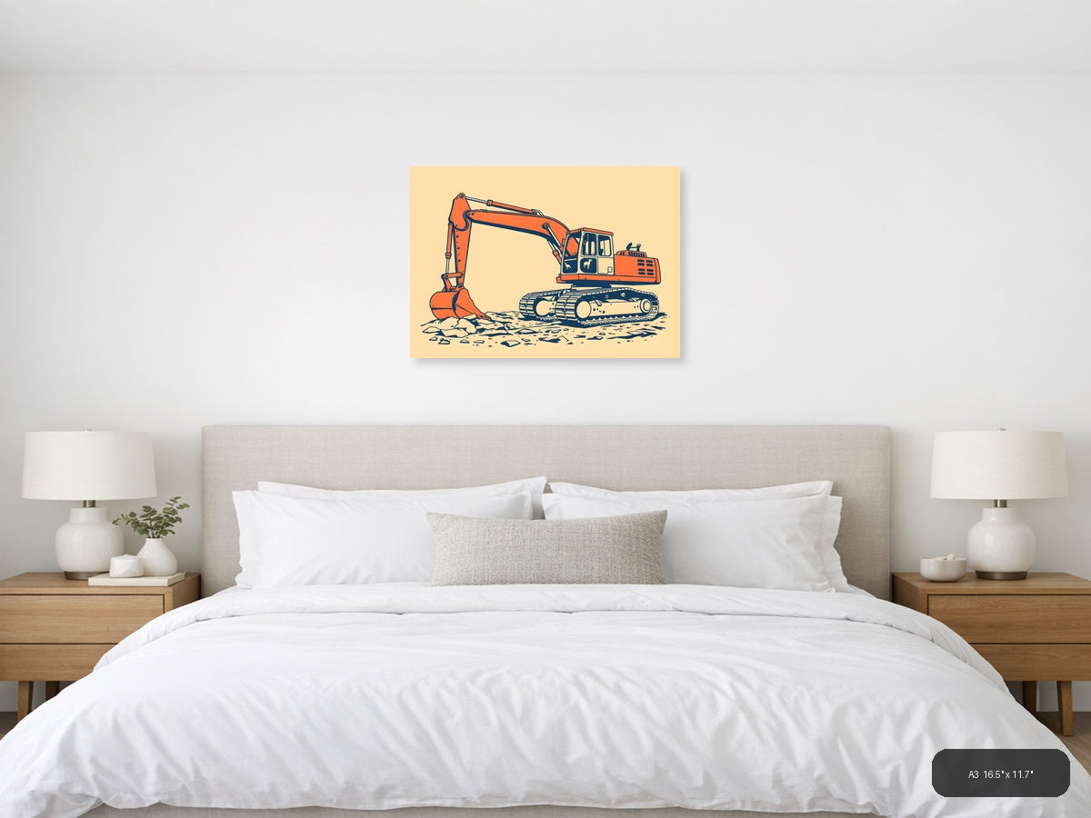 Vintage Orange Excavator Construction Wall Art — A3 / Bedroom