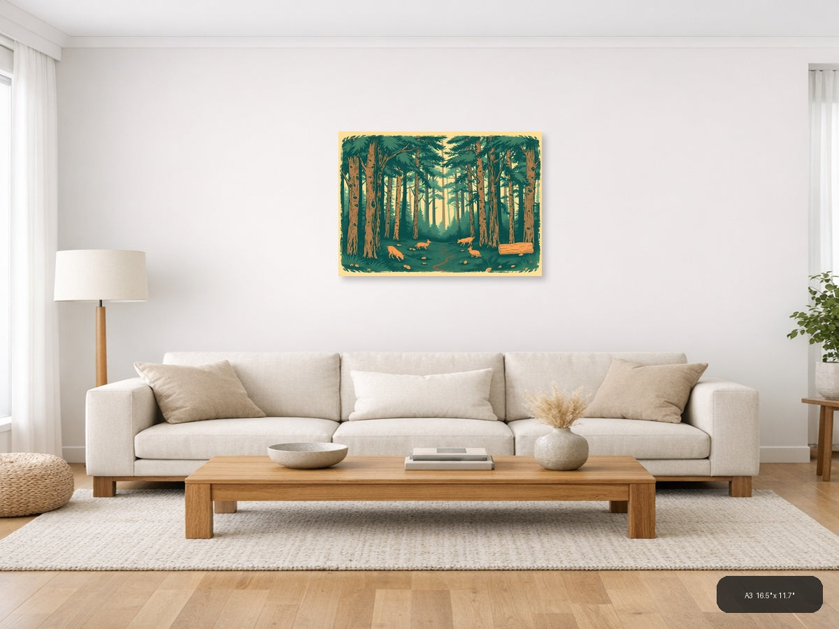 Vintage Forest Scene with Deer - Landscape Wall Art — A3 / Living Room