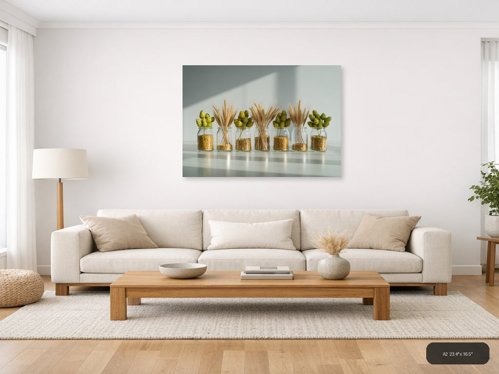 Minimalist Wheat & Hops Jars Still Life Wall Art — A2 / Living Room