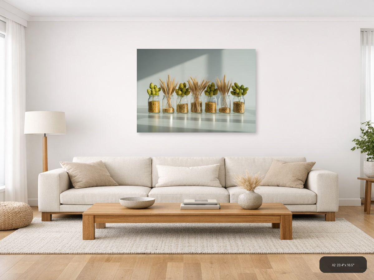 Minimalist Wheat & Hops Jars Still Life Wall Art — A2 / Living Room