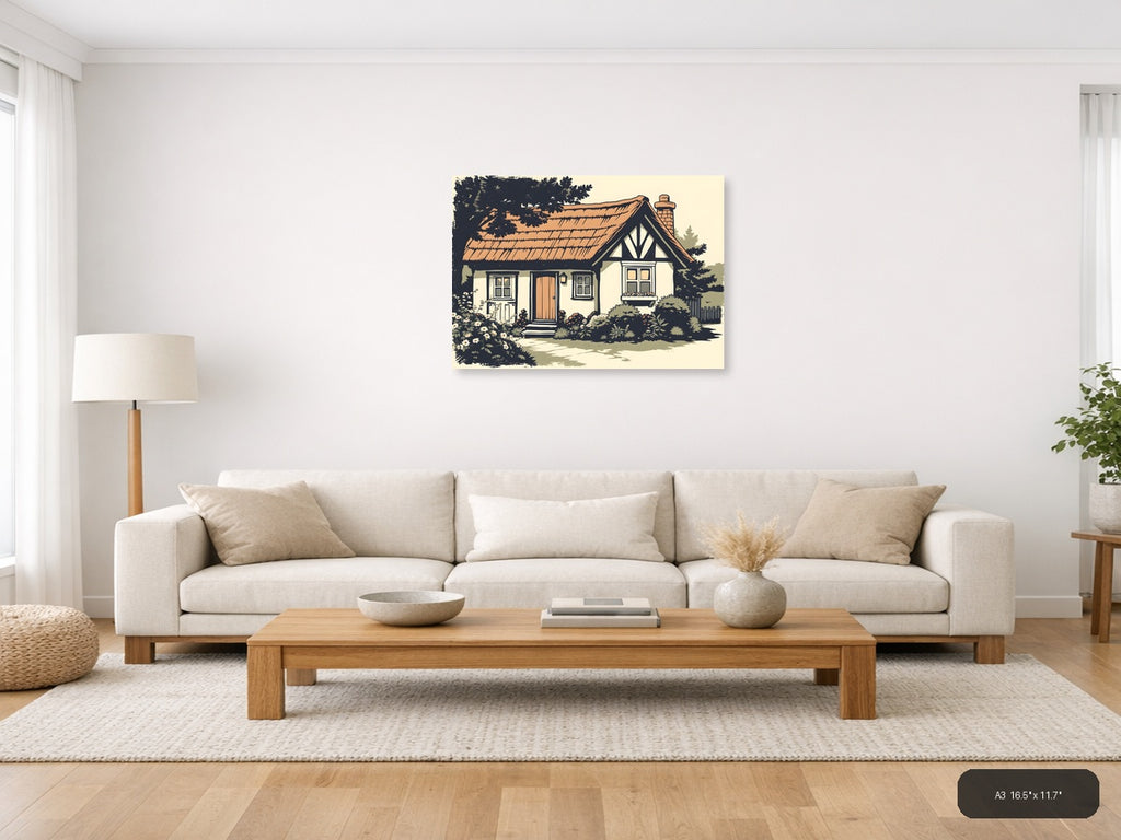 Vintage Cottage House with Garden - Landscape Wall Art — A3 / Living Room