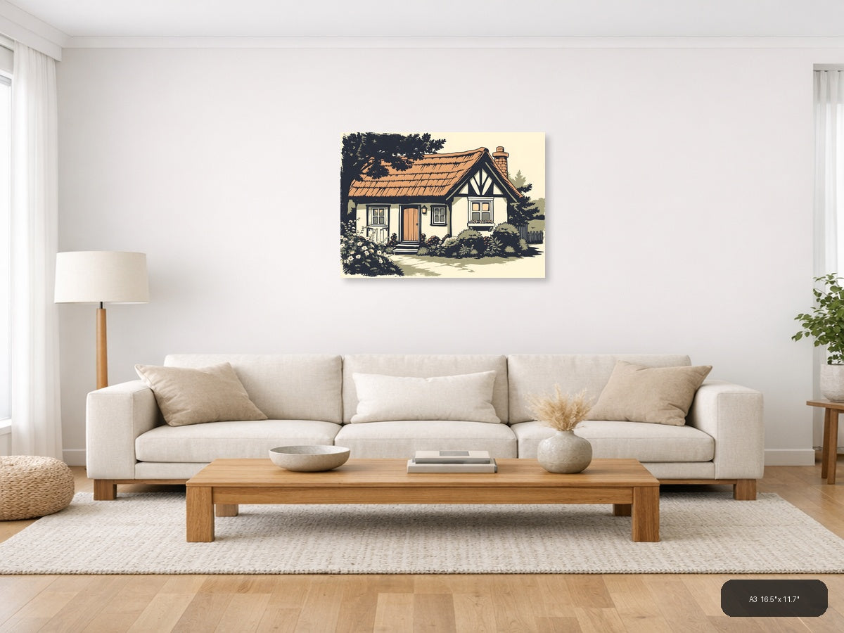 Vintage Cottage House with Garden - Landscape Wall Art — A3 / Living Room