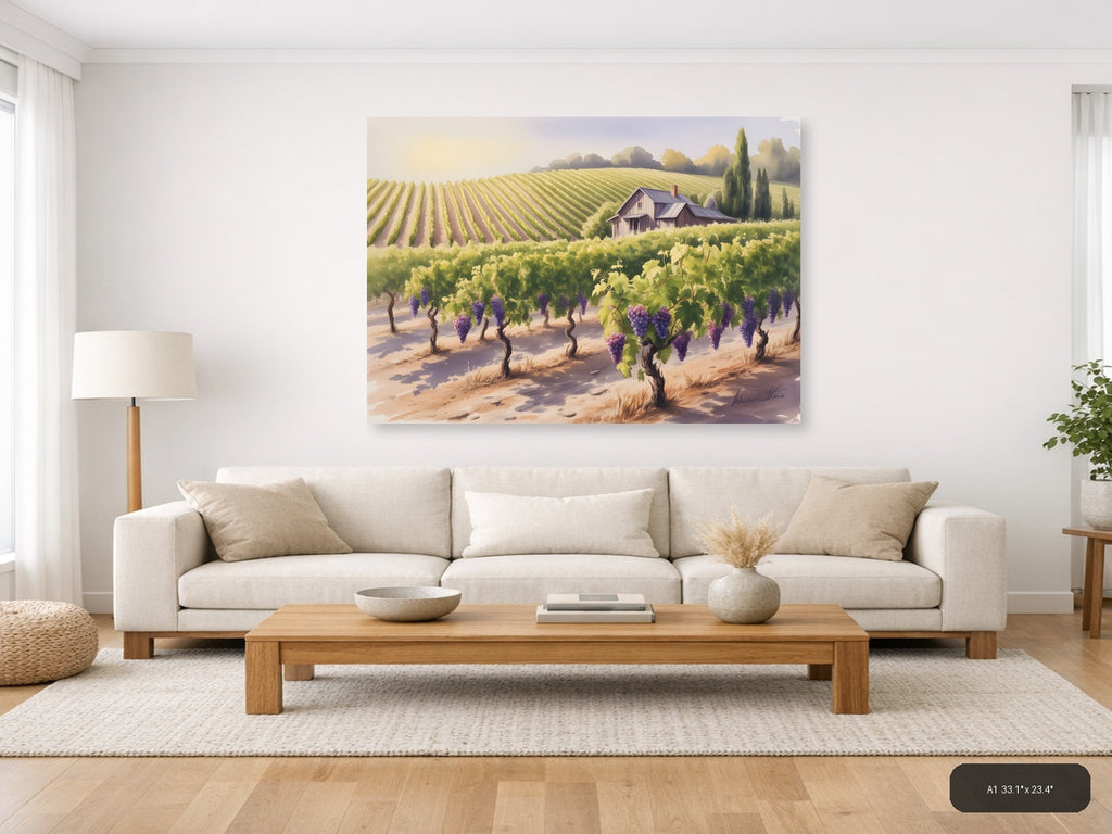 Tuscan Vineyard Landscape Watercolor Wall Art — A1 / Living Room