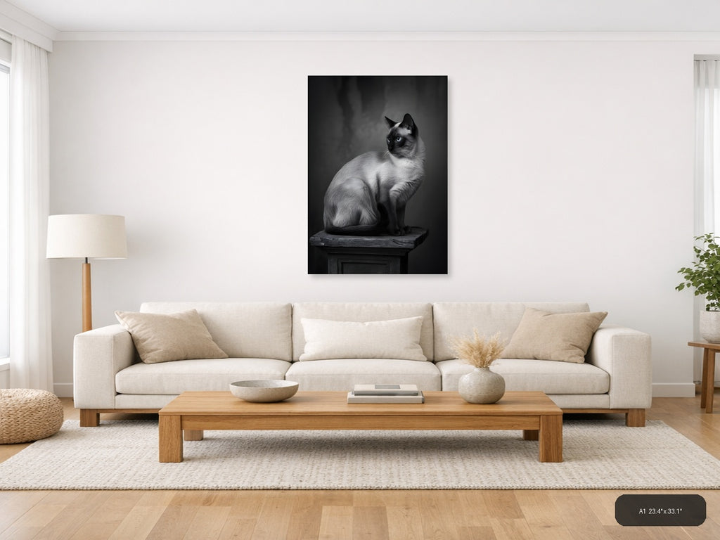 Siamese Cat Portrait Black and White Photography Wall Art — A1 / Living Room