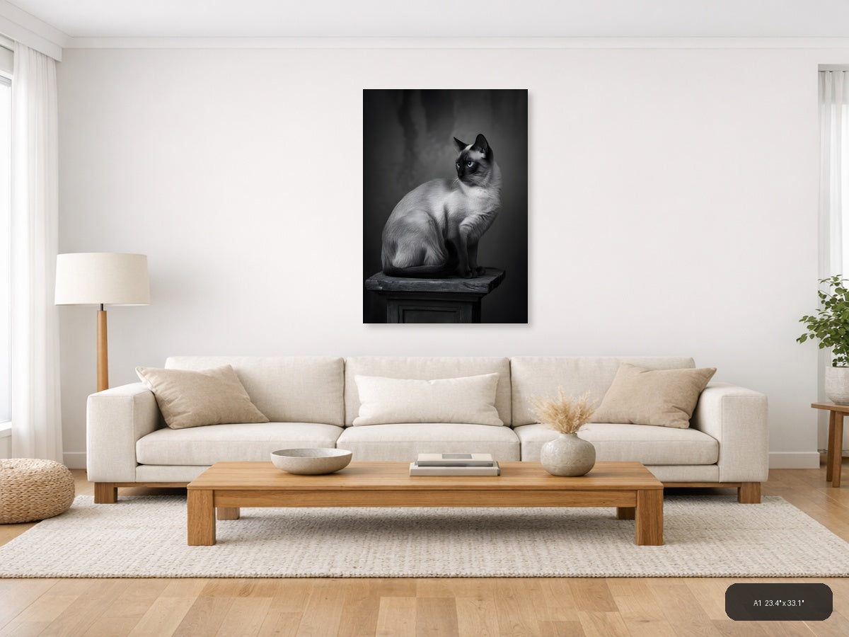 Siamese Cat Portrait Black and White Photography Wall Art — A1 / Living Room